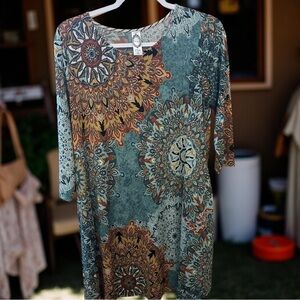 Honeyme  Texas  Boho Style Dress M Teals Browns Pullover Loose Fit USA